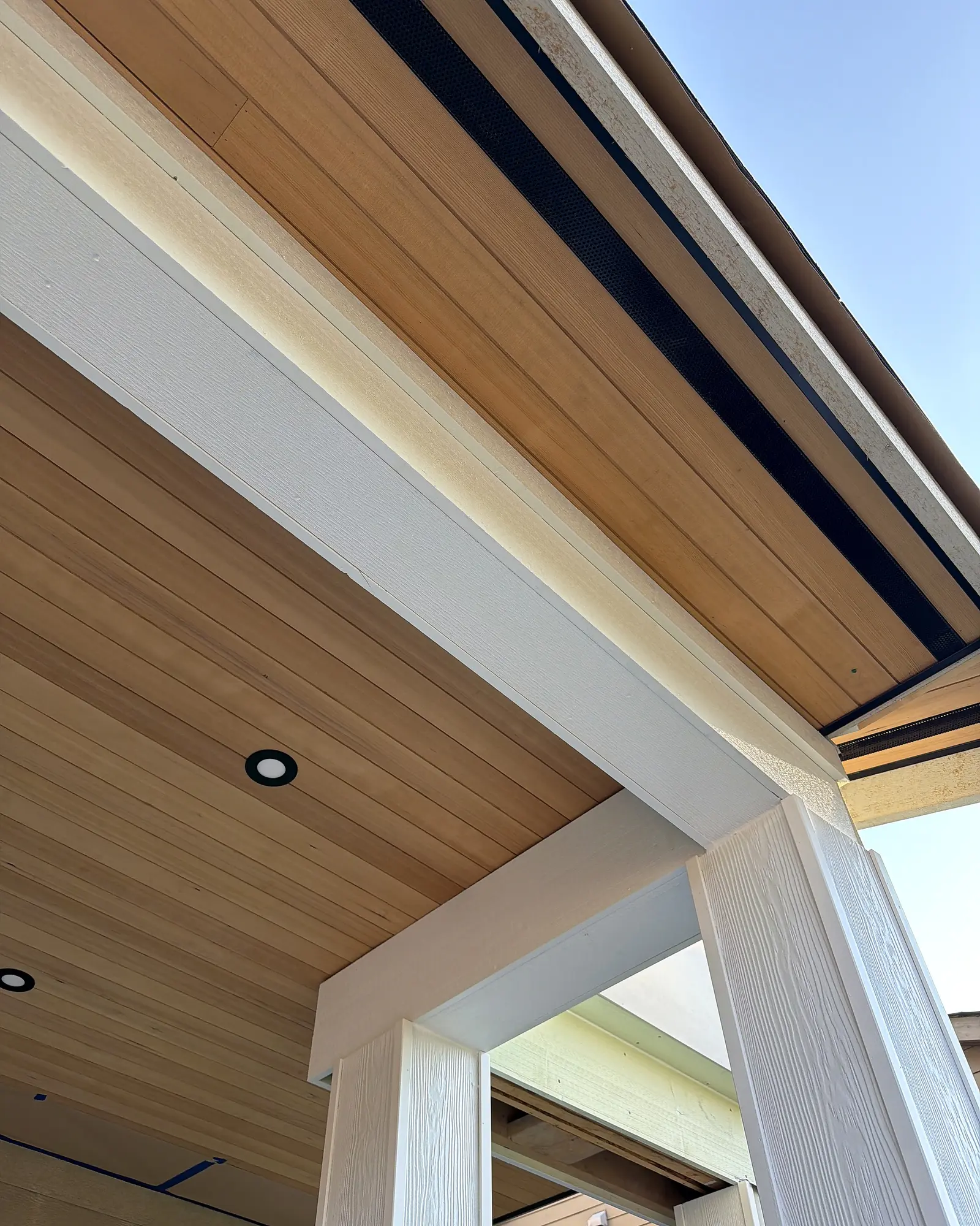 Clear cedar tongue-and-groove porch ceiling and craftsman column, North Vancouver BC